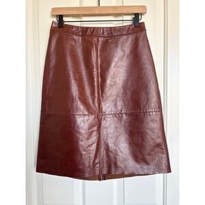 Gap‎ Vintage Y2K Womens Brown Leather A-Line Skirt Raw Hem Stitch Accents Size 2